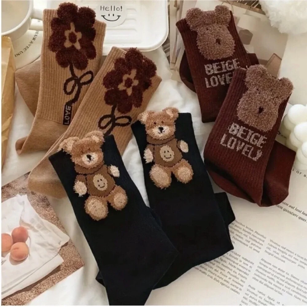 Women's Socks & Hosiery 3 Pairs Teddy Bear Print Socks Comfy Cute Mid Tube Socks